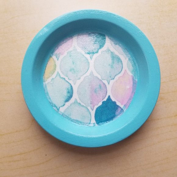 Water Colors/Multi-Colored Decoupaged Blue, Yellow & Pink 4.25 Inch Trinket Dish - Picture 1 of 4